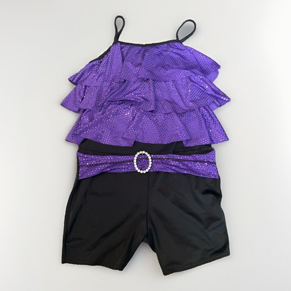 Weissman LC Dance Costume Black Purple Ruffle Sequin Belt Rhinestone Recital